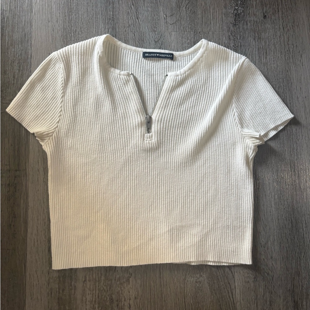 Brandy Melville White Ribbed Short Sleeve Top